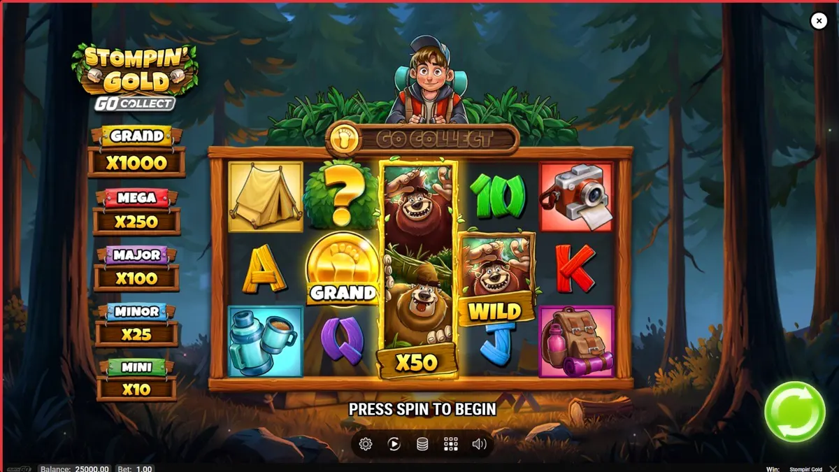 Visual bertema petualangan hutan dalam slot Stompin’ Gold GO Collect