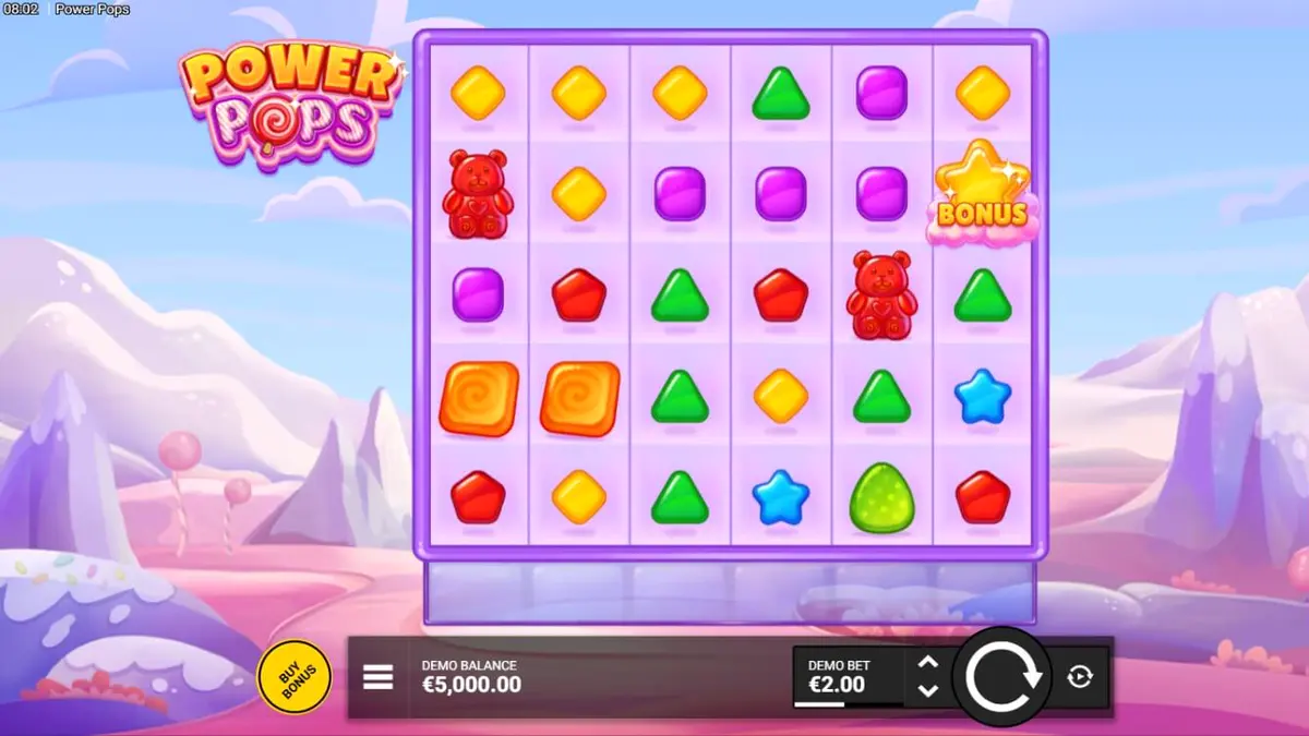 Tampilan visual slot Power Pops dengan tema permen dan warna pastel
